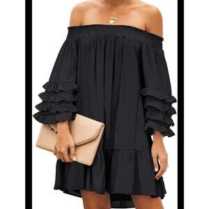 Zanzea Collection Off Shoulder Dress Medium Black Bell 3/4 Ruffle Sleeve